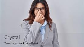  Presentation with bad breath - Presentation theme having hispanic-young-business-woman-wearing background and a light gray colored foreground