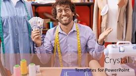  Presentation with achievement - PPT theme having hispanic-young-man-dressmaker-designer background and a coral colored foreground