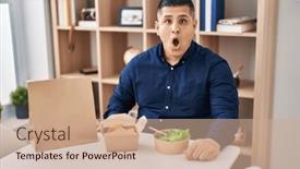  Presentation with take - PPT theme enhanced with hispanic-young-man-eating-take background and a coral colored foreground