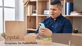  Presentation with take - PPT theme featuring hispanic-young-man-eating-take background and a coral colored foreground