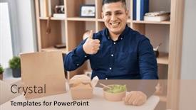  Presentation with take - Presentation theme featuring hispanic-young-man-eating-take background and a coral colored foreground