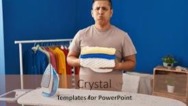  Presentation with puffing - PPT theme with hispanic-young-man-holding-folded background and a coral colored foreground