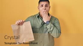  Presentation with paper bag - Presentation enhanced with hispanic-young-man-holding-take background and a  colored foreground