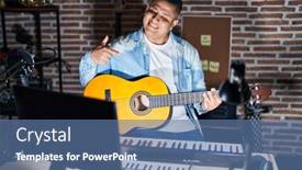  Presentation with music classic - Slide set featuring hispanic-young-man-playing-classic background and a ocean colored foreground