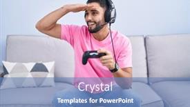  Presentation with video game - PPT theme having hispanic-young-man-playing-video background and a teal colored foreground