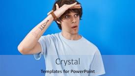  Presentation with far away - Slide deck having hispanic-young-man-standing-over background and a light blue colored foreground