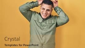  Presentation with bunny - Presentation theme featuring hispanic-young-man-standing-over background and a gold colored foreground