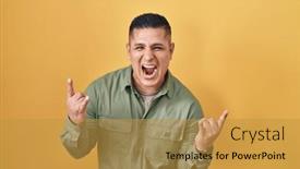  Presentation with rock star - PPT theme having hispanic-young-man-standing-over background and a gold colored foreground
