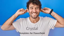  Presentation with ears - Slide set consisting of hispanic-young-man-standing-over background and a light gray colored foreground