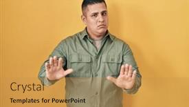  Presentation with forbidden - Presentation design consisting of hispanic-young-man-standing-over background and a gold colored foreground