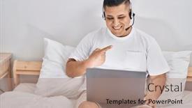  Presentation with computer - Presentation theme with hispanic-young-man-using-computer and a coral colored foreground