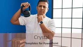  Presentation with questions question marks idea - PPT layouts with hispanic-young-man-using-dumbbells background and a coral colored foreground