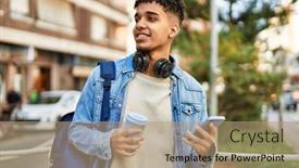  Presentation with rideshare taxi app on smartphone - Theme with hispanic-young-man-using-smartphone background and a coral colored foreground