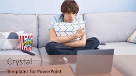  Presentation with horror movie - Presentation theme featuring hispanic-young-man-watching background and a coral colored foreground