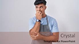  Presentation with apron - Presentation theme featuring hispanic-young-man-wearing-apron background and a coral colored foreground
