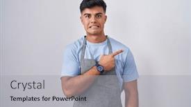  Presentation with forefinger - Presentation theme featuring hispanic-young-man-wearing-apron background and a light gray colored foreground