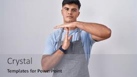  Presentation with apron - PPT layouts with hispanic-young-man-wearing-apron background and a light gray colored foreground