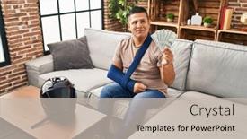  Presentation with young man wearing a hat - Slide set having hispanic-young-man-wearing-arm background and a  colored foreground