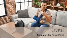  Presentation with accident - Presentation design featuring hispanic-young-man-wearing-arm background and a mint green colored foreground