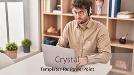  Presentation with call center - PPT layouts with hispanic-young-man-wearing-call background and a soft green colored foreground