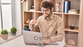  Presentation with call center - Presentation theme with hispanic-young-man-wearing-call background and a coral colored foreground