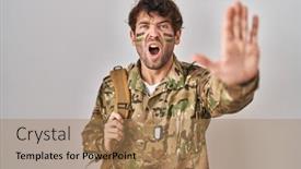  Presentation with frustration - Presentation theme consisting of hispanic-young-man-wearing-camouflage background and a coral colored foreground