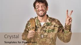  Presentation with victory - PPT theme featuring hispanic-young-man-wearing-camouflage background and a coral colored foreground
