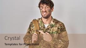  Presentation with forefinger - PPT theme consisting of hispanic-young-man-wearing-camouflage background and a coral colored foreground