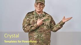  Presentation with army - PPT theme featuring hispanic-young-man-wearing-camouflage background and a violet colored foreground