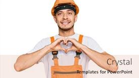  Presentation with handyman - Presentation theme featuring hispanic-young-man-wearing-handyman background and a coral colored foreground
