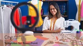  Presentation with recording - Presentation theme consisting of hispanic-young-tailor-woman-recording background and a coral colored foreground