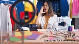  Presentation with recording - Slide deck featuring hispanic-young-tailor-woman-recording background and a coral colored foreground