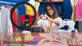  Presentation with recording - Presentation theme with hispanic-young-tailor-woman-recording background and a coral colored foreground