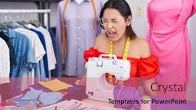  Presentation with sewing machine - PPT theme enhanced with hispanic-young-woman-dressmaker-designer background and a coral colored foreground