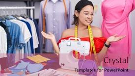  Presentation with woman hands open - Slide set consisting of hispanic-young-woman-dressmaker-designer background and a coral colored foreground