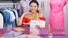 Presentation with sewing machine - Theme featuring hispanic-young-woman-dressmaker-designer background and a  colored foreground