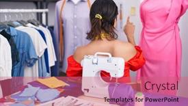  Presentation with sewing machine - Presentation theme having hispanic-young-woman-dressmaker-designer background and a coral colored foreground
