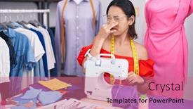  Presentation with sewing machine - Slide deck featuring hispanic-young-woman-dressmaker-designer background and a coral colored foreground