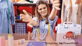  Presentation with hug - Presentation design having hispanic-young-woman-dressmaker-designer background and a coral colored foreground