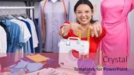 Presentation with sewing machine - Theme having hispanic-young-woman-dressmaker-designer background and a coral colored foreground