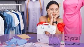  Presentation with sadness - Presentation theme enhanced with hispanic-young-woman-dressmaker-designer background and a light blue colored foreground