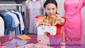  Presentation with sewing machine - Presentation theme consisting of hispanic-young-woman-dressmaker-designer background and a coral colored foreground