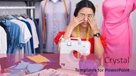  Presentation with machine vision - PPT layouts consisting of hispanic-young-woman-dressmaker-designer background and a coral colored foreground