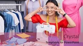  Presentation with sewing machine - Presentation theme enhanced with hispanic-young-woman-dressmaker-designer background and a coral colored foreground