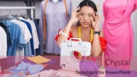  Presentation with sewing machine - PPT theme enhanced with hispanic-young-woman-dressmaker-designer background and a coral colored foreground