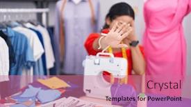  Presentation with sewing machine - PPT theme featuring hispanic-young-woman-dressmaker-designer background and a coral colored foreground