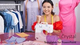  Presentation with sewing machine - Theme consisting of hispanic-young-woman-dressmaker-designer background and a coral colored foreground