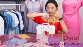  Presentation with conflict - Slides with hispanic-young-woman-dressmaker-designer background and a coral colored foreground
