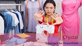  Presentation with frustration - Presentation featuring hispanic-young-woman-dressmaker-designer background and a coral colored foreground