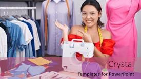  Presentation with sewing - Slides consisting of hispanic-young-woman-dressmaker-designer background and a coral colored foreground